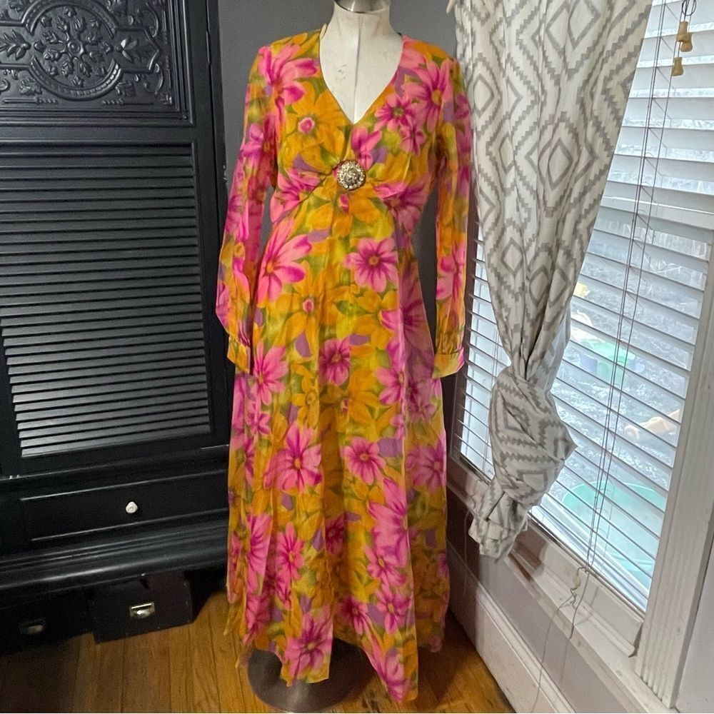 Vintage 60s 70s M Psychedelic Floral Print Boho Indie‎ Maxi Dress 14 - Picture 2 of 8